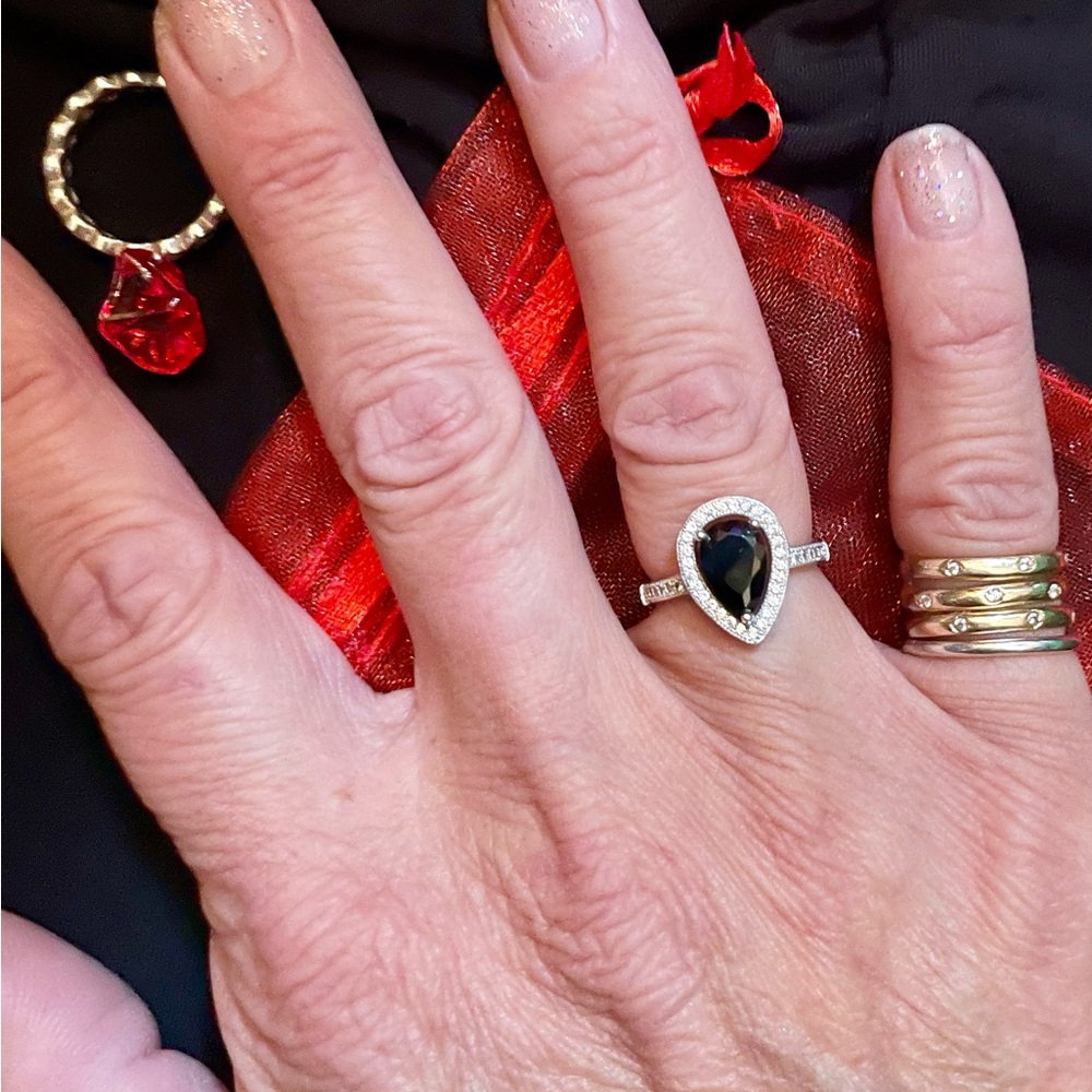 Pear Cut Black Diamond CZ Halo Sterling Silver Ring 🖤